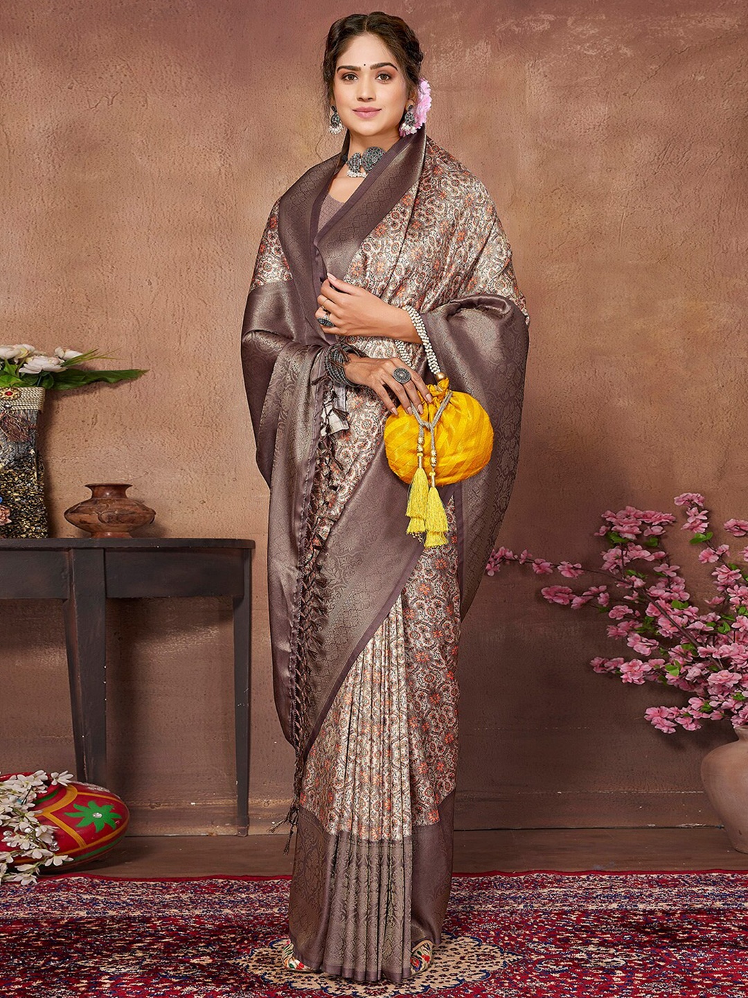 

SANSKAR Ethnic Motifs Zari Silk Cotton Saree, Brown
