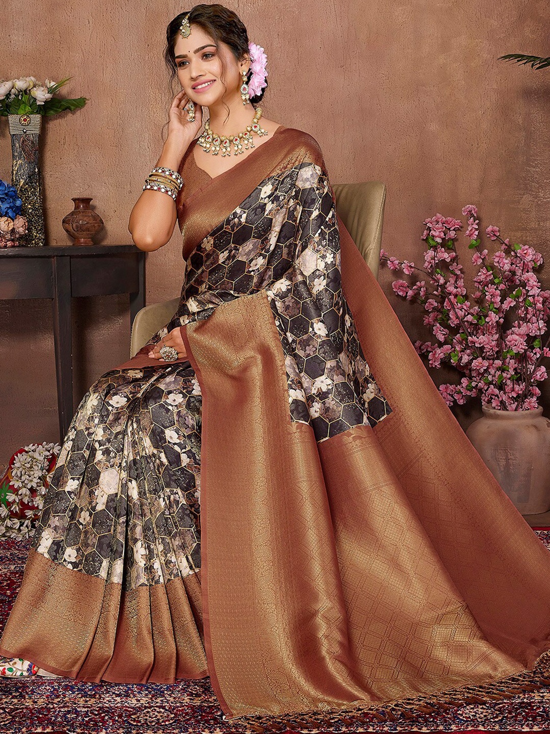 

SANSKAR Floral Printed Zari Silk Cotton Saree, Brown