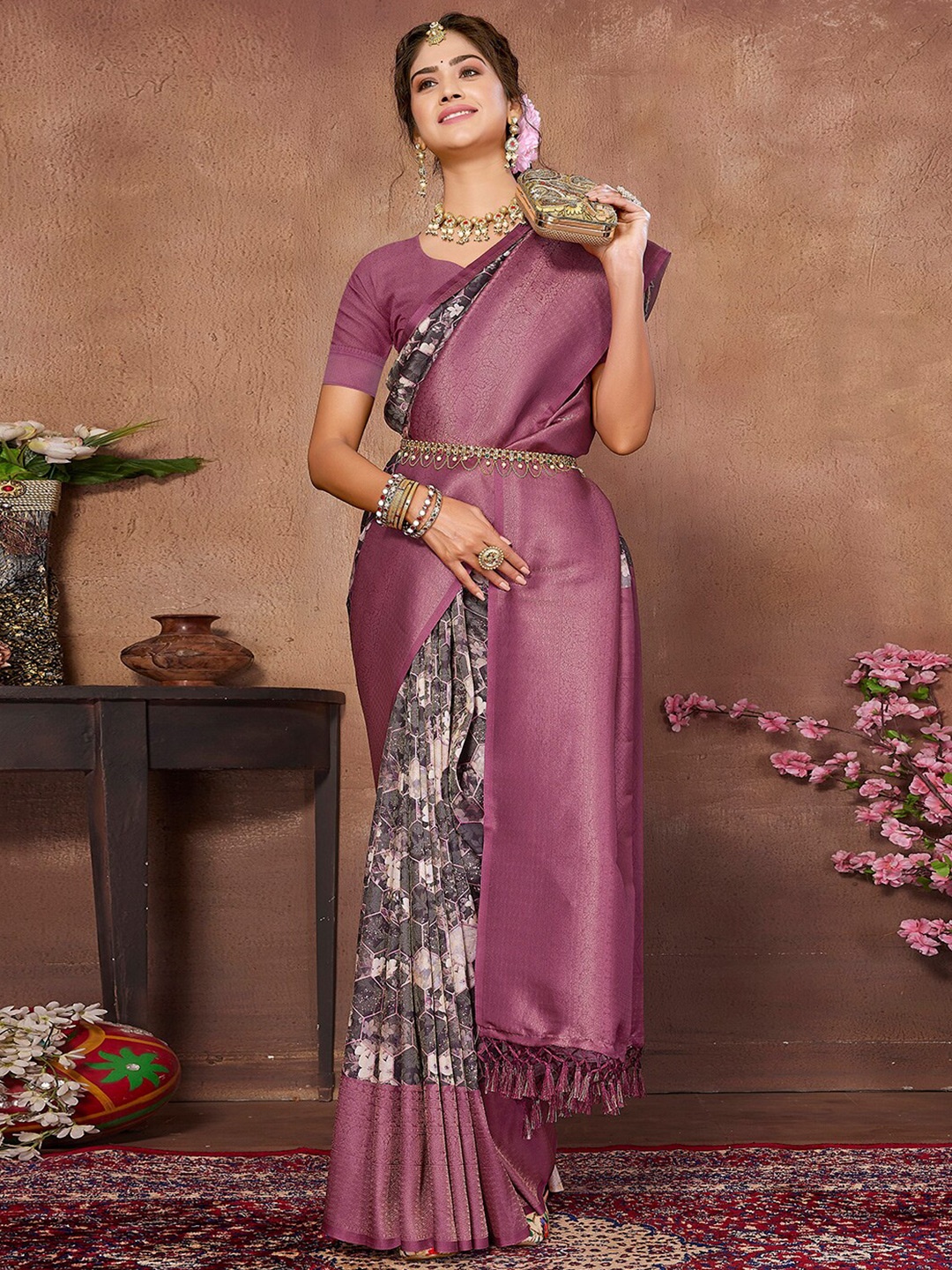 

SANSKAR Floral Printed Zari Silk Cotton Saree, Purple
