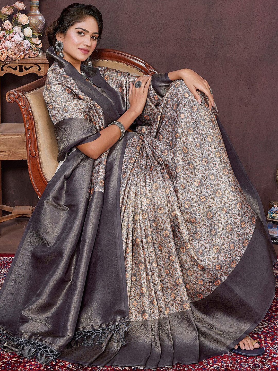 

SANSKAR Ethnic Motifs Zari Silk Cotton Saree, Grey