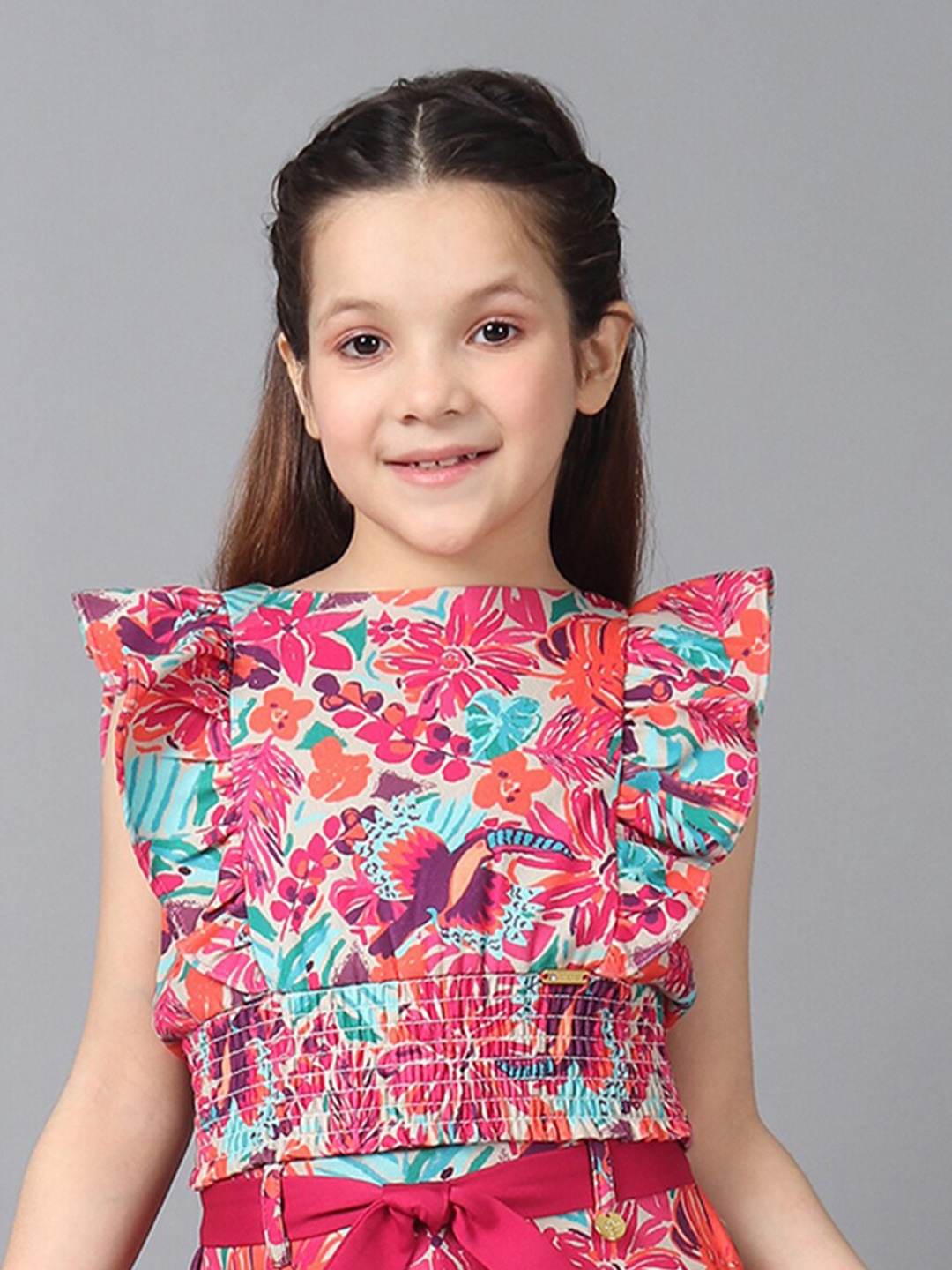 

One Friday Girls Floral Printed Flutter Sleeves Crop Top, Beige