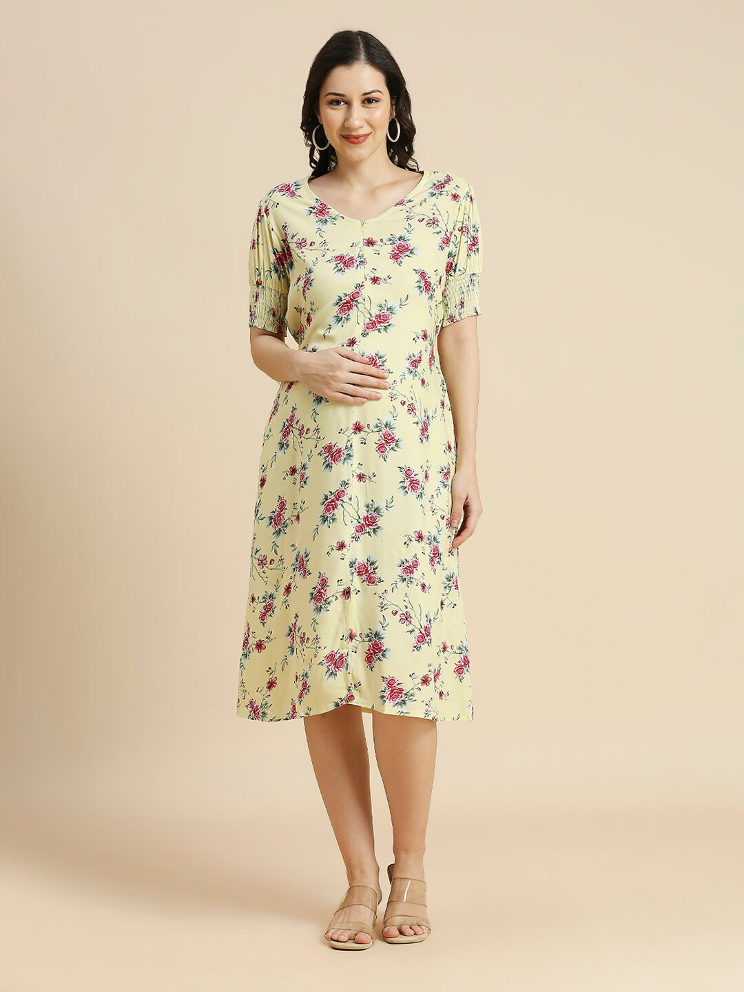 

MomToBe Floral Printed V-Neck Puff Sleeves Maternity A-Line Dress, Yellow