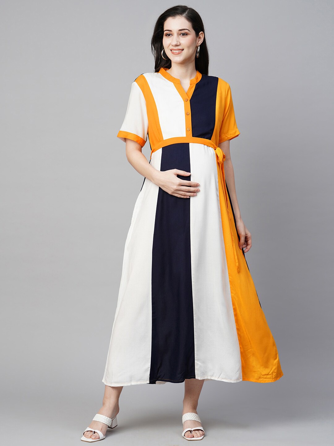 

MomToBe Colourblocked Mandarin Collar Maternity A-Line Midi Dress, Orange