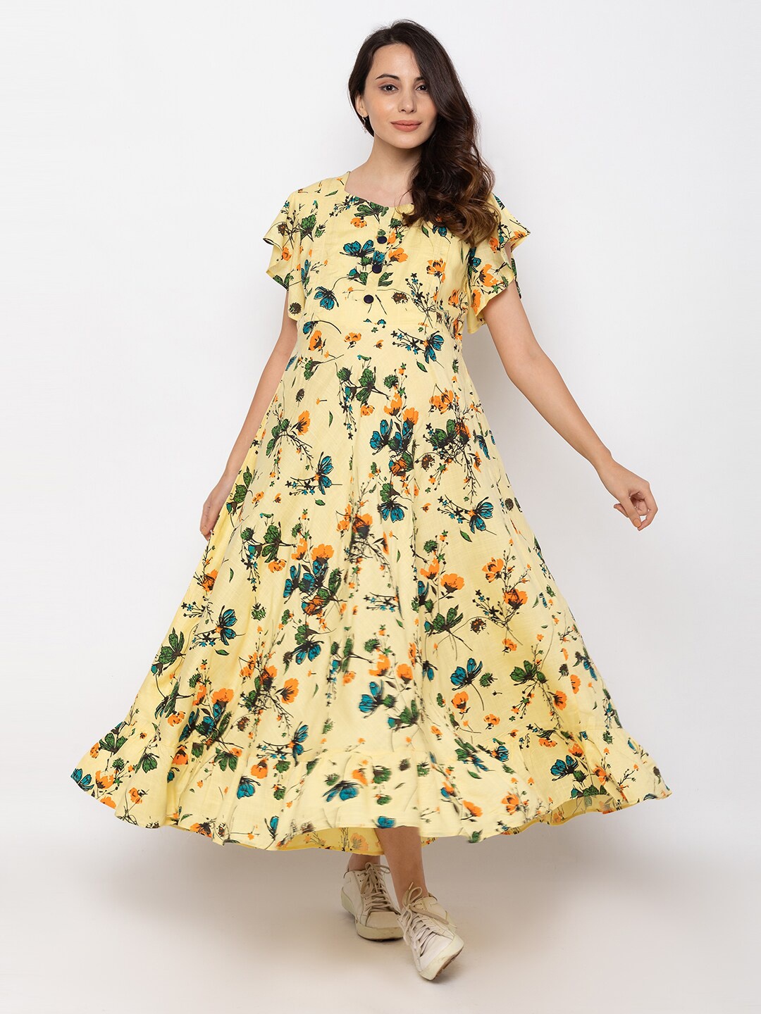 

MomToBe Floral Printed Flutter Sleeves Maternity Maxi Dress, Yellow