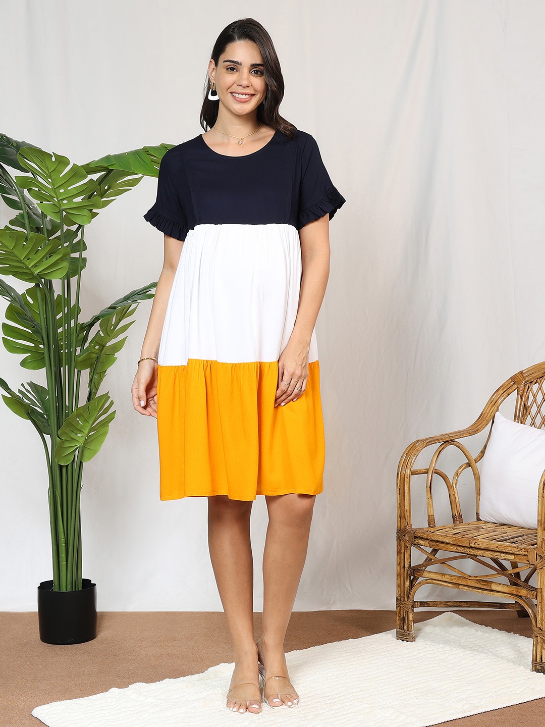 

MomToBe Colourblocked Flared Sleeves Gathered Detailed Maternity Fit & Flare Dress, Navy blue