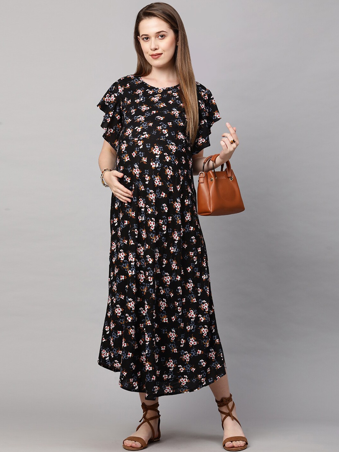 

MomToBe Floral Printed Flutter Sleeves Maternity Fit & Flare Midi Dress, Black