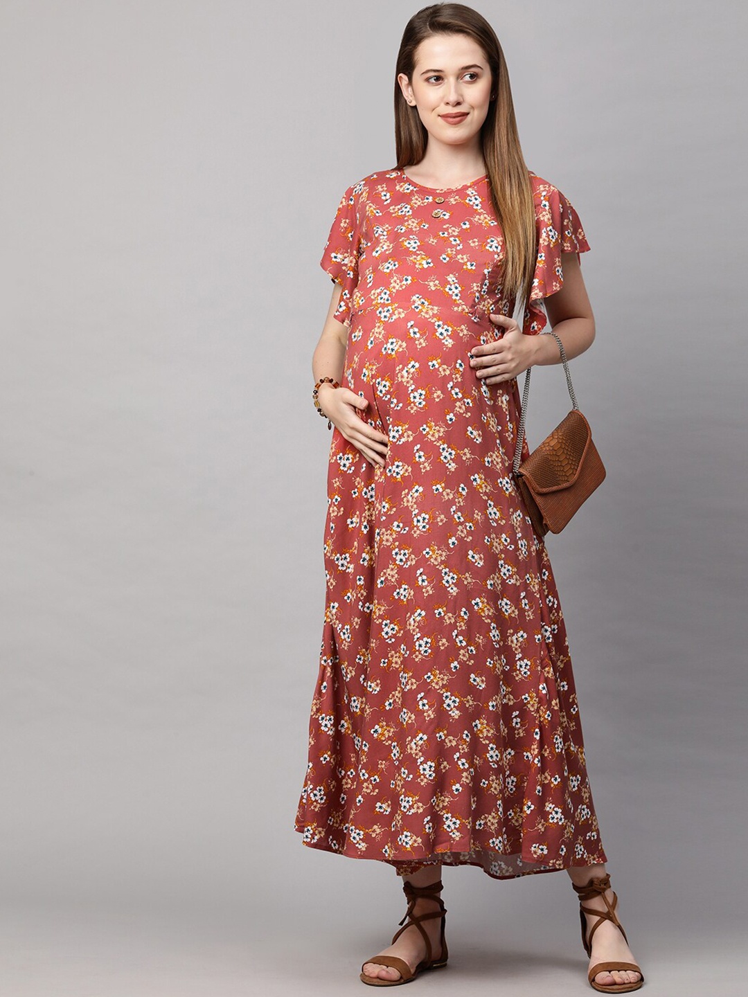 

MomToBe Floral Printed Flutter Sleeves Maternity Fit & Flare Midi Dress, Orange