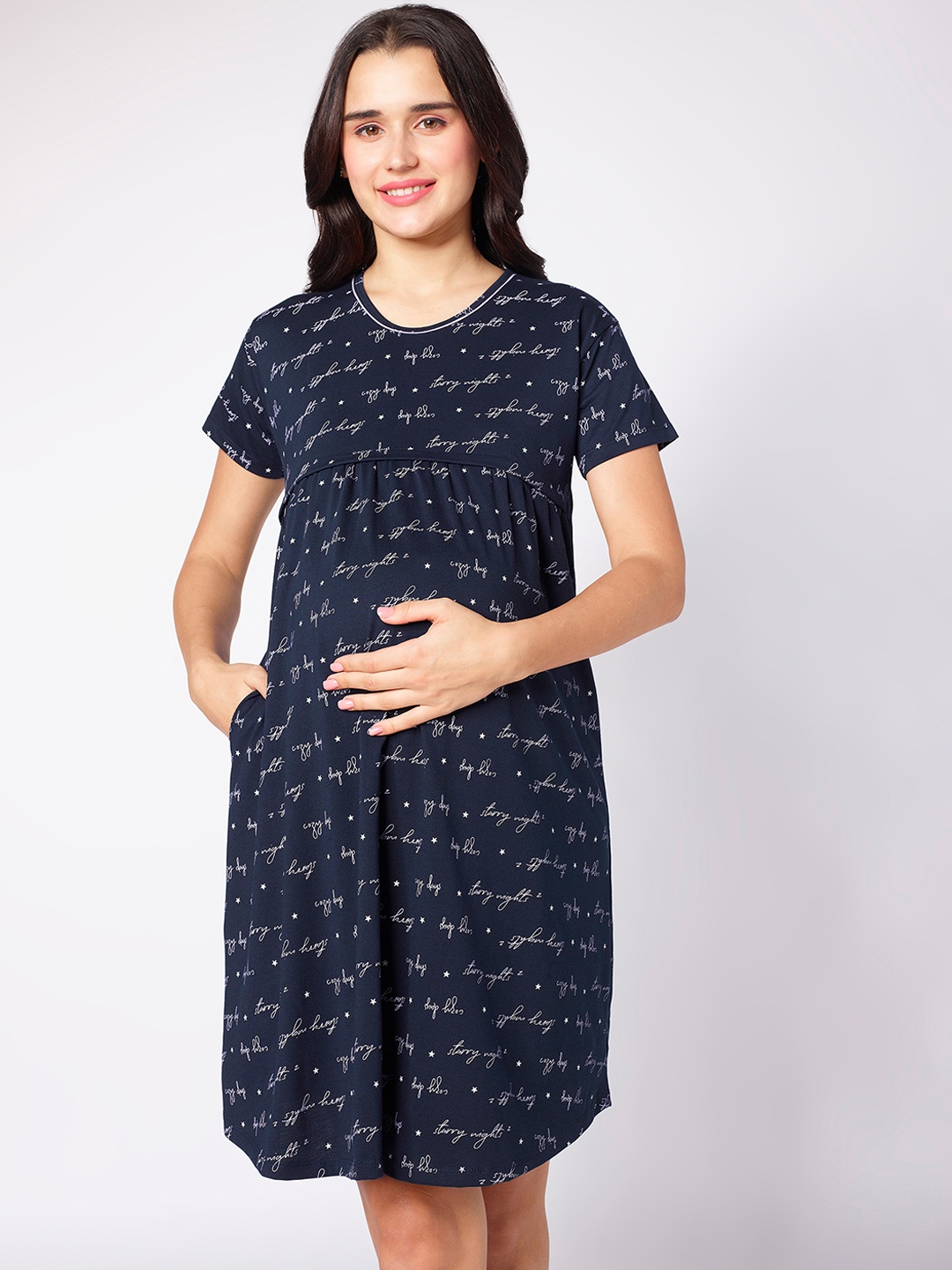 

beebelle Blue Typography Printed Maternity T-shirt Nightdress
