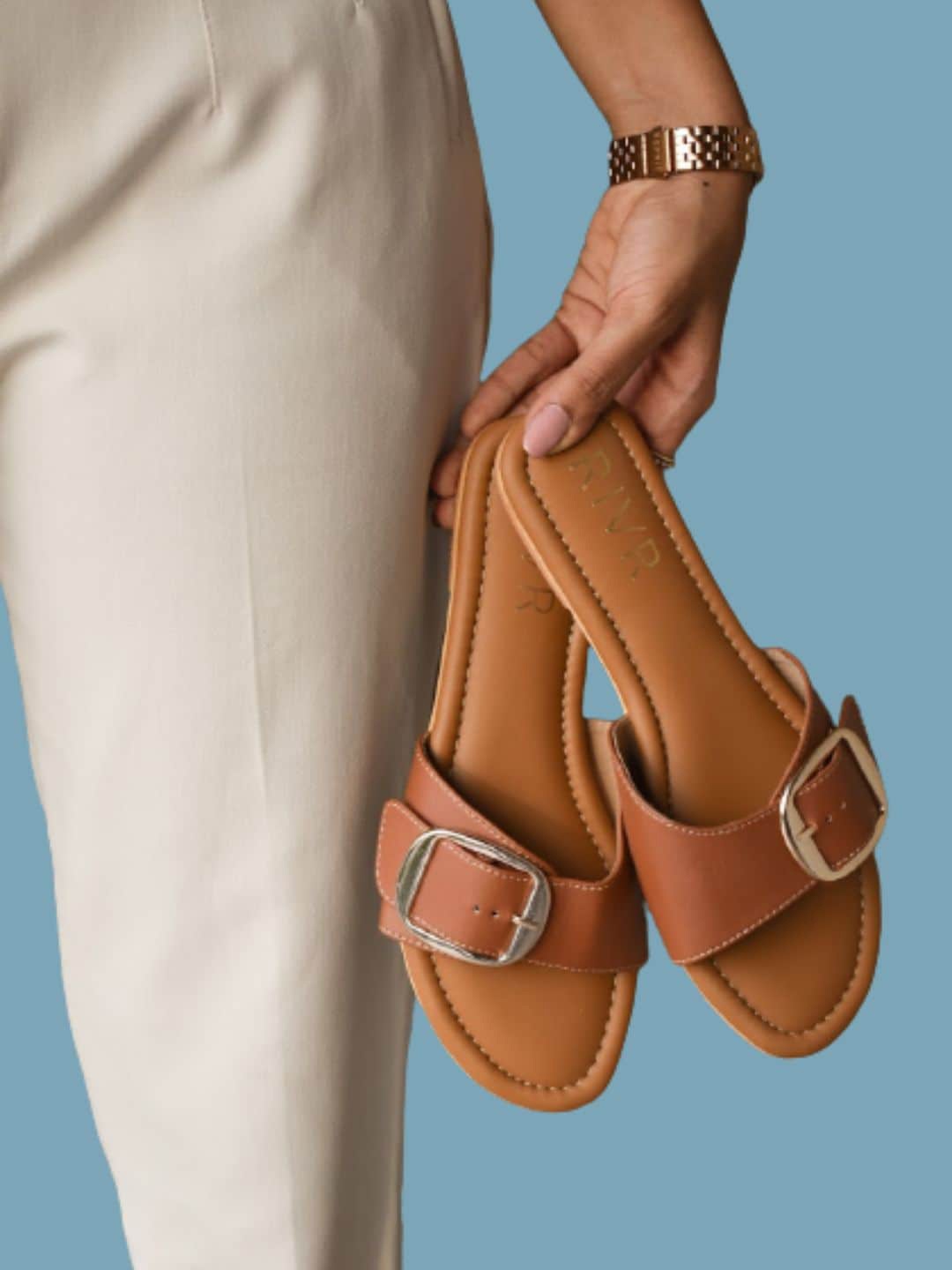 

RIVR Buckle Detail One Toe Flats, Tan