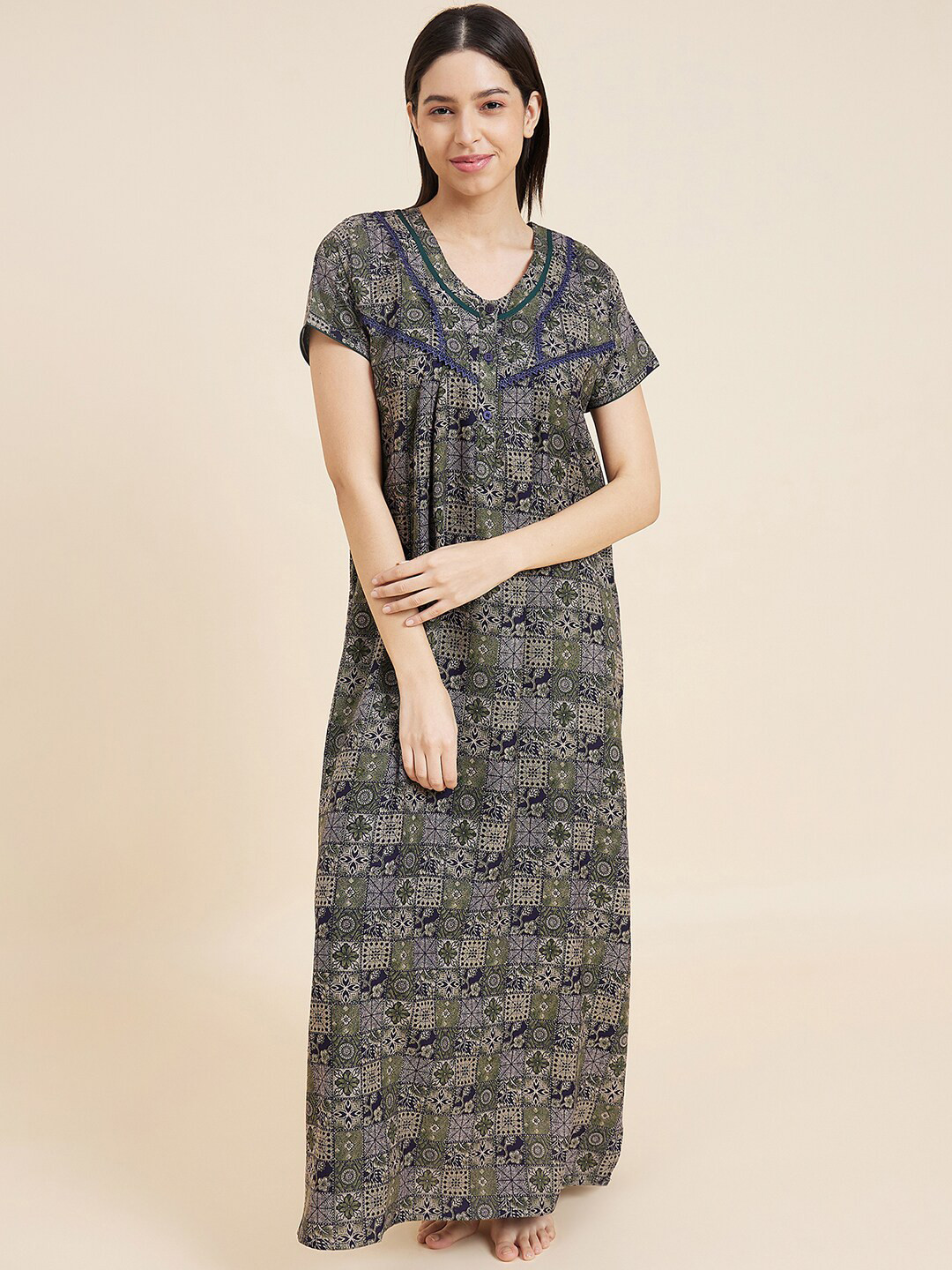 

Sweet Dreams Navy Blue Ethnic Motifs Printed Pure Cotton Maxi Nightdress