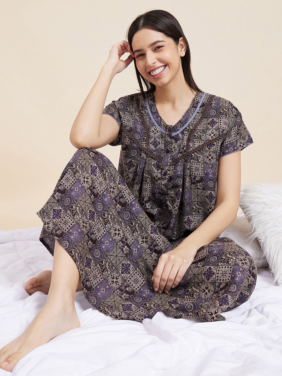 

Sweet Dreams Brown Ethnic Motifs Printed Pure Cotton Maxi Nightdress