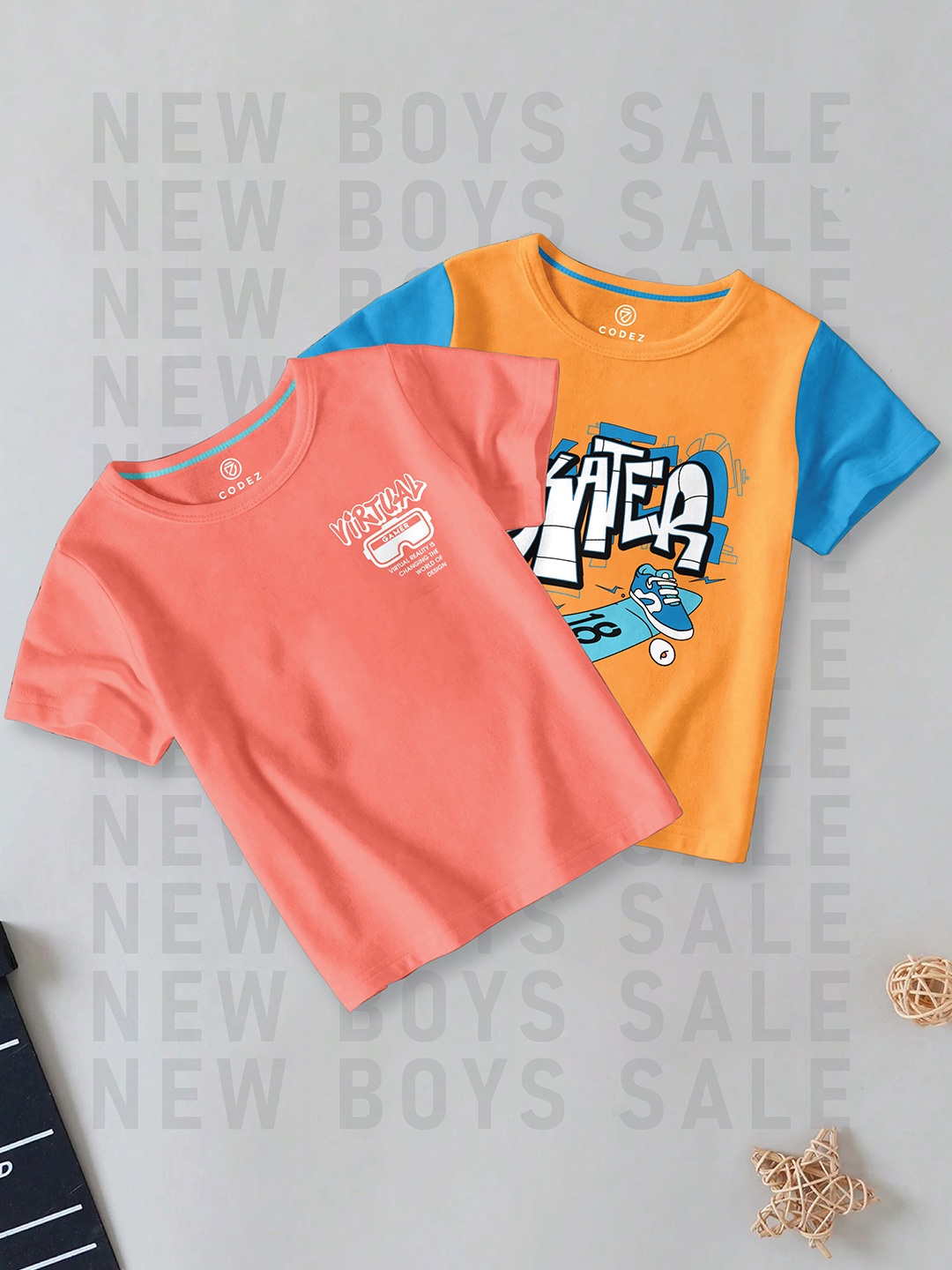 CODEZ Boys Pack of 2 Typography Printed Cotton T-shirt, Orange