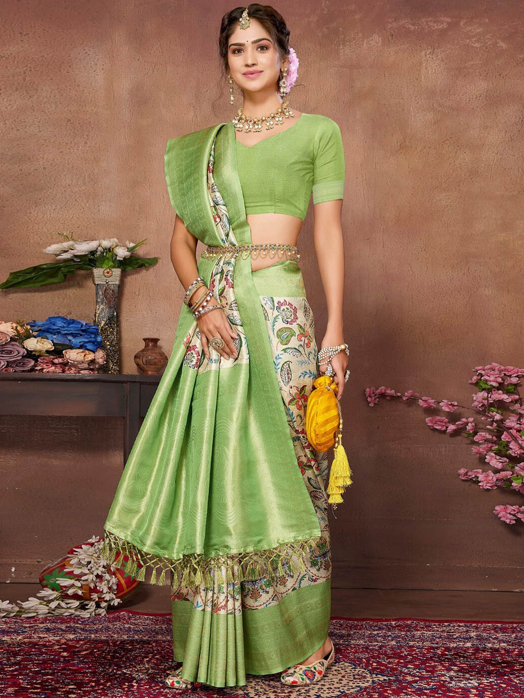 

SANSKAR Floral Printed Zari Silk Cotton Saree, Green