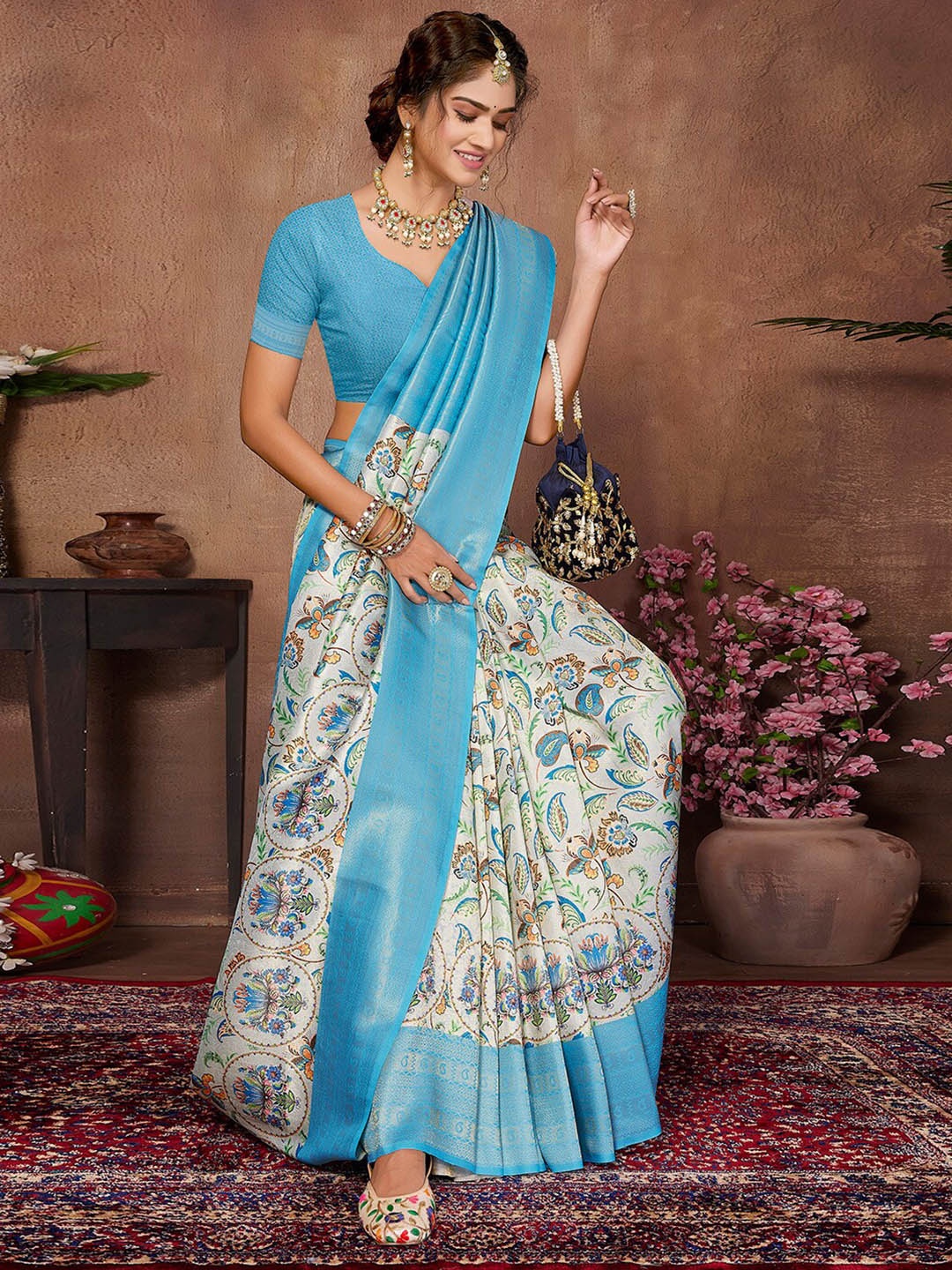 

SANSKAR Floral Printed Zari Silk Cotton Saree, Blue