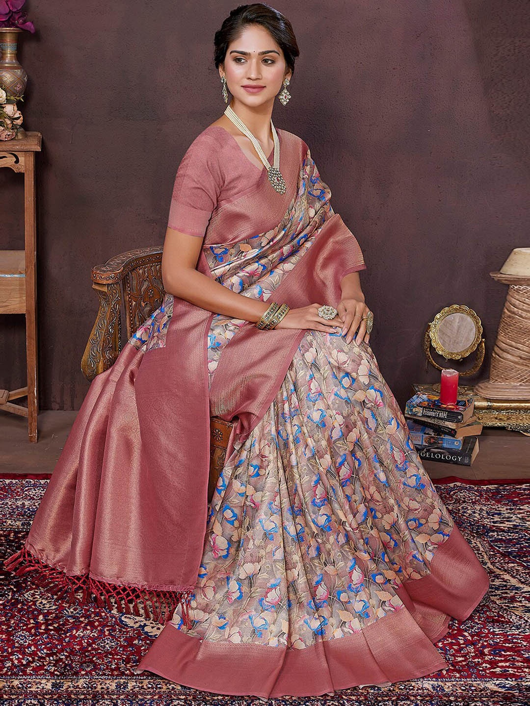 

SANSKAR Floral Silk Cotton Saree, Pink