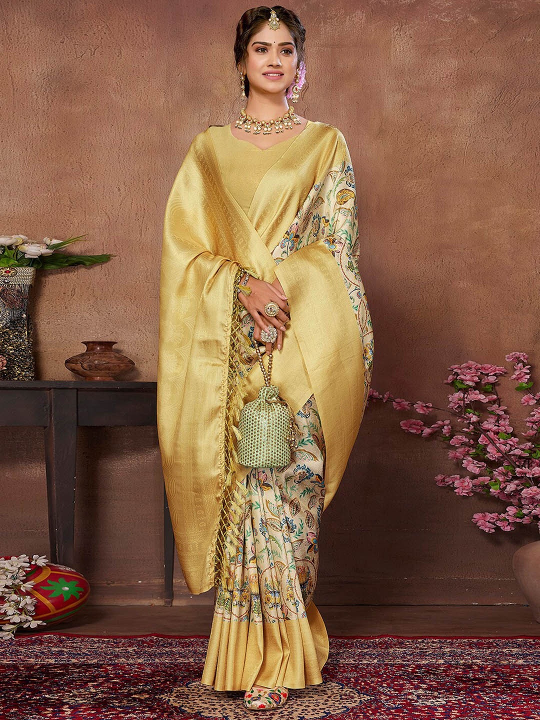 

SANSKAR Floral Printed Zari Silk Cotton Saree, Cream