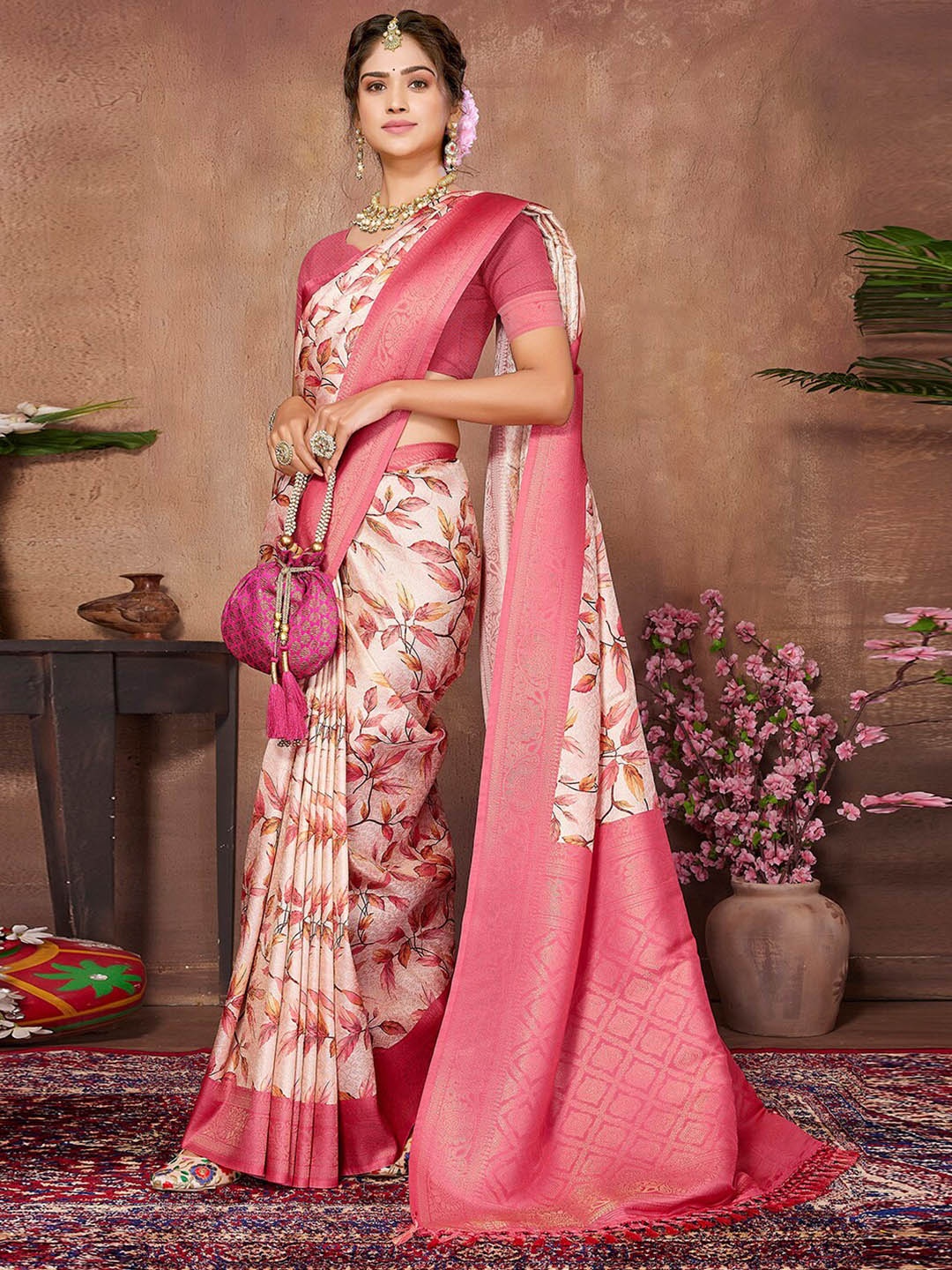 

SANSKAR Floral Printed Zari Silk Cotton Saree, Pink