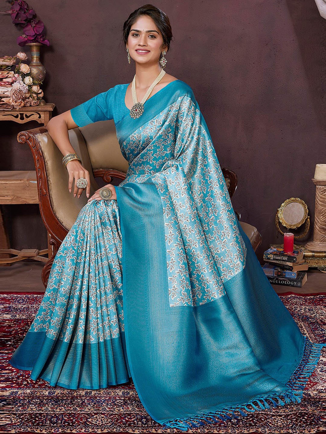 

SANSKAR Floral Printed Zari Silk Cotton Saree, Teal