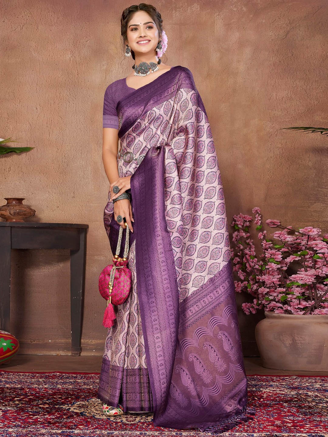 

SANSKAR Ethnic Motifs Zari Silk Cotton Saree, Purple