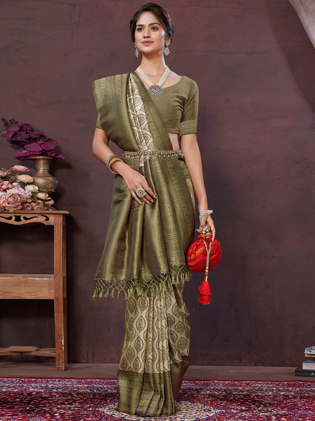

SANSKAR Ethnic Motifs Zari Silk Cotton Saree, Green