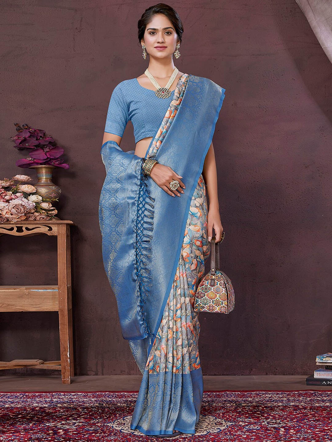 

SANSKAR Floral Printed Zari Silk Cotton Saree, Blue