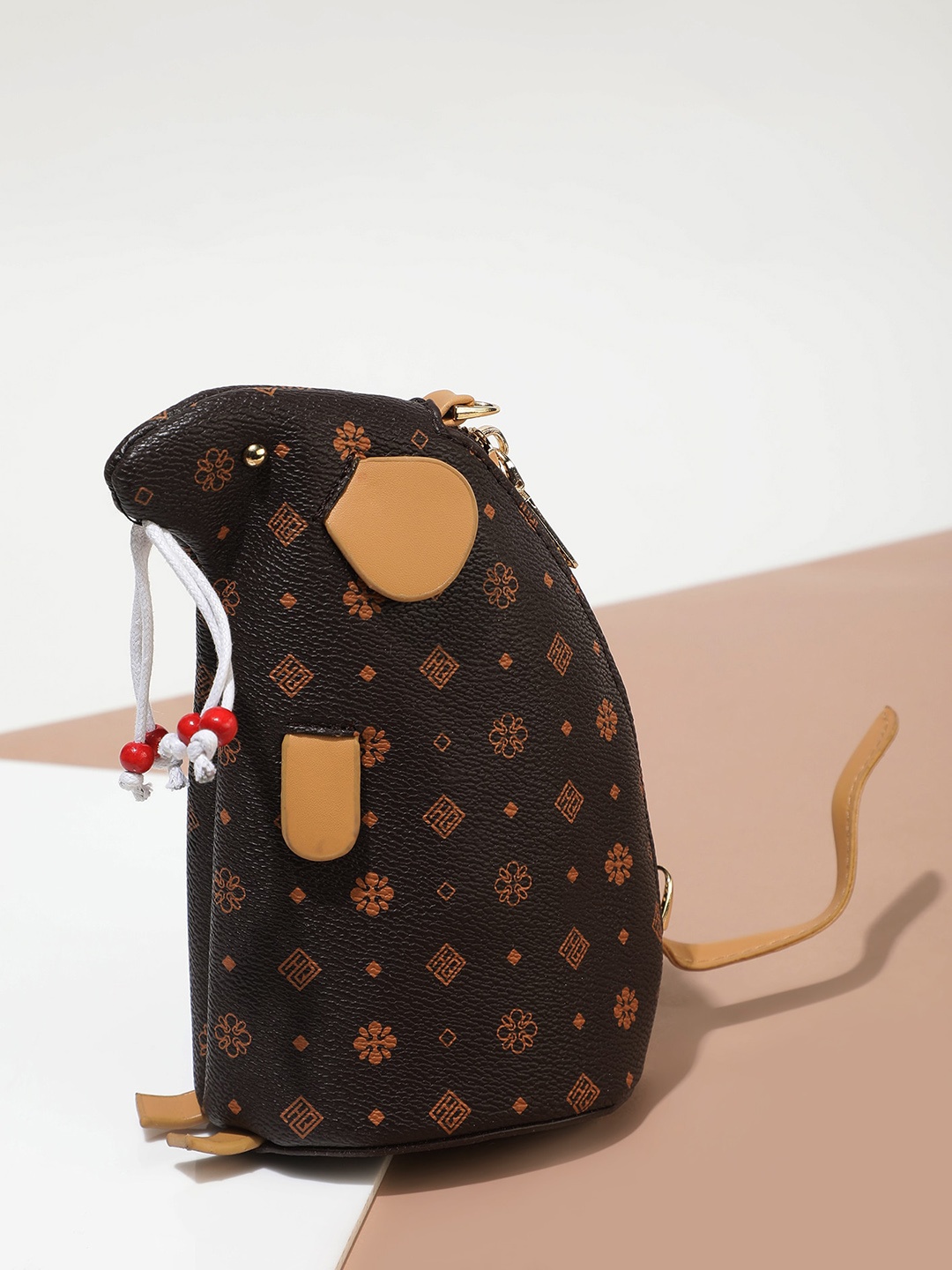 

LULU & SKY Printed PU Structured Sling Bag, Coffee brown