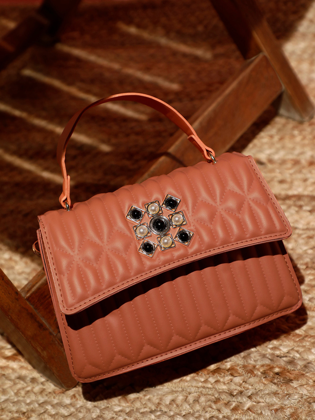 

LULU & SKY Textured Embellished Structured Shoulder Bag, Orange