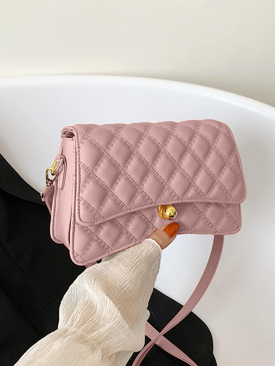 

LULU & SKY Quilted Textured Structured Sling Bag, Pink