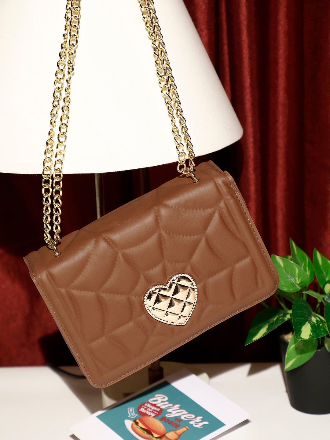 

LULU & SKY Quilted Textured Structured Sling Bag, Brown