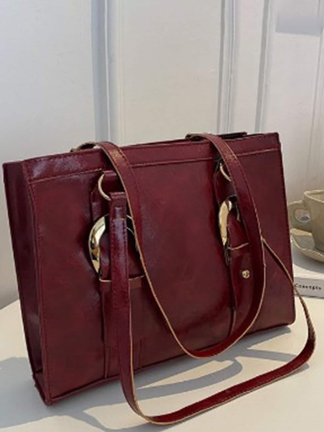 

LULU & SKY Oversized Structured Shoulder Bag with Buckle Detail, Red