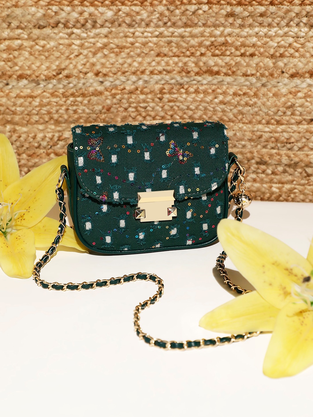 

LULU & SKY Embellished PU Structured Sling Bag, Green
