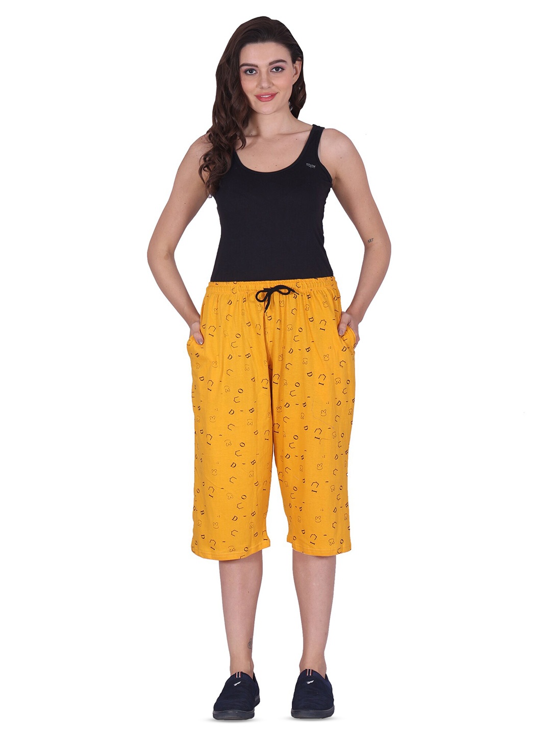 

BAESD Women Printed Cotton Capris, Yellow