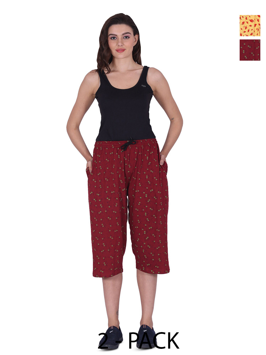 

BAESD Pack Of 2 High-Rise Printed Loose Fit Pure Cotton Capris, Red
