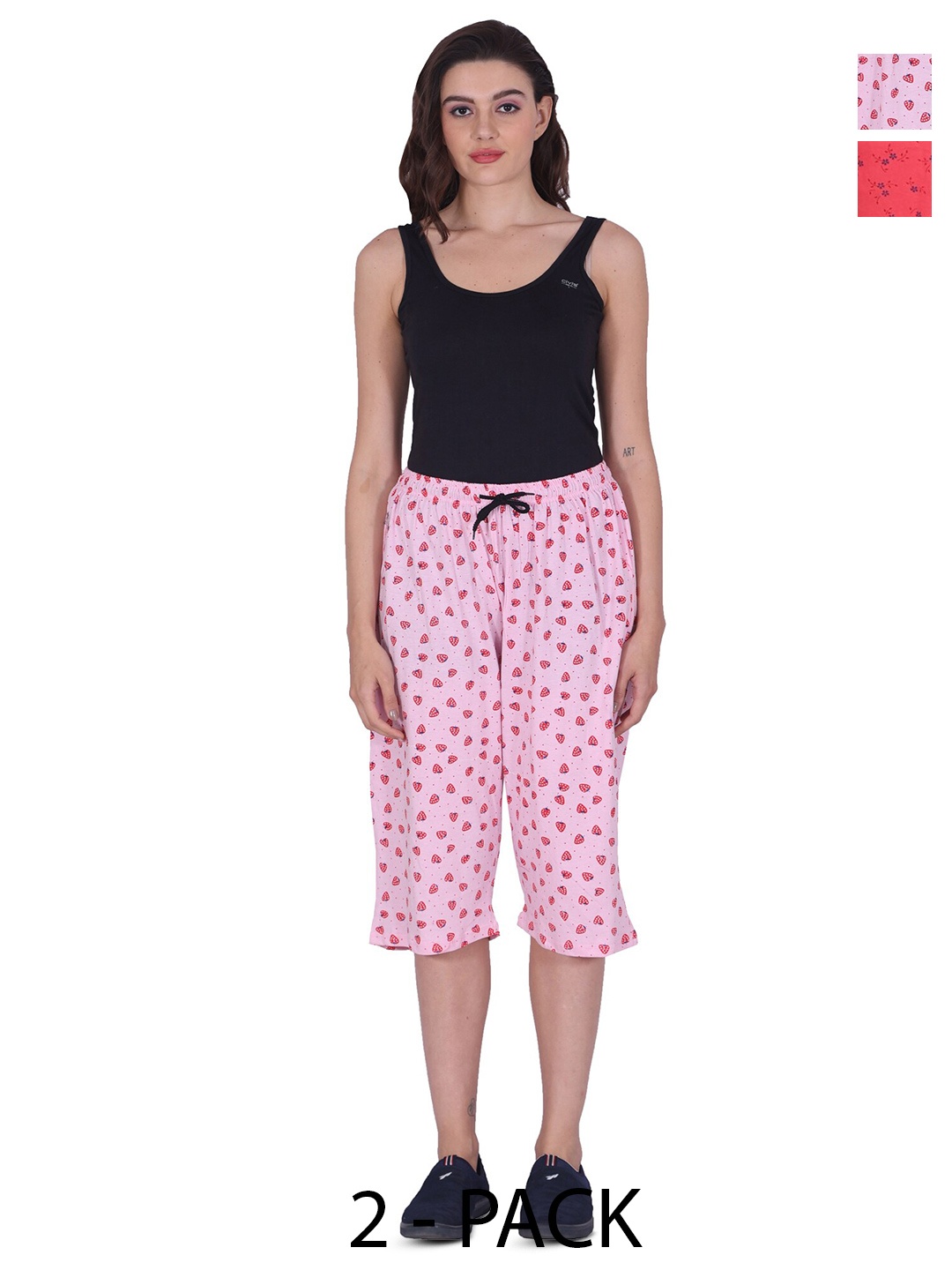 

BAESD Women Pack Of 2 Printed Pure Cotton Capris, Pink