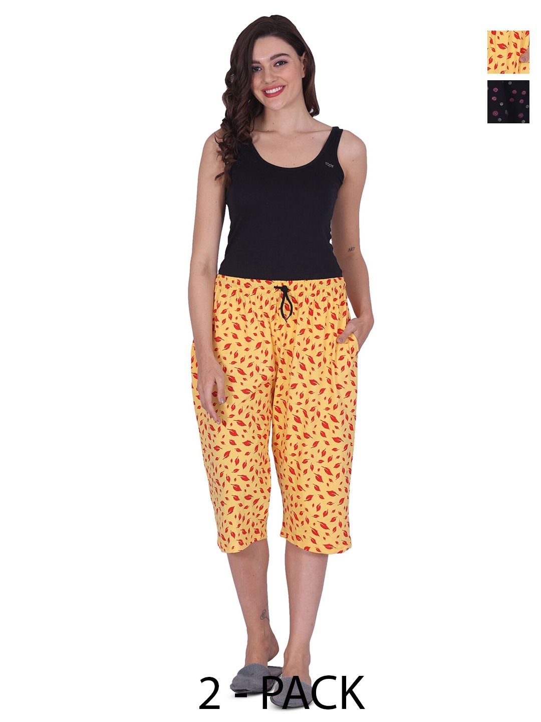 

BAESD Pack Of 2 High-Rise Printed Loose Fit Pure Cotton Capris, Yellow