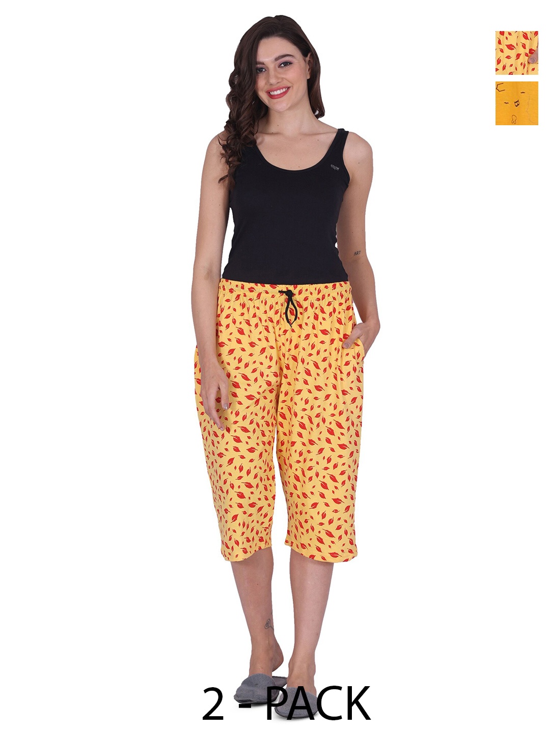 

BAESD Pack Of 2 High-Rise Printed Loose Fit Pure Cotton Capris, Yellow