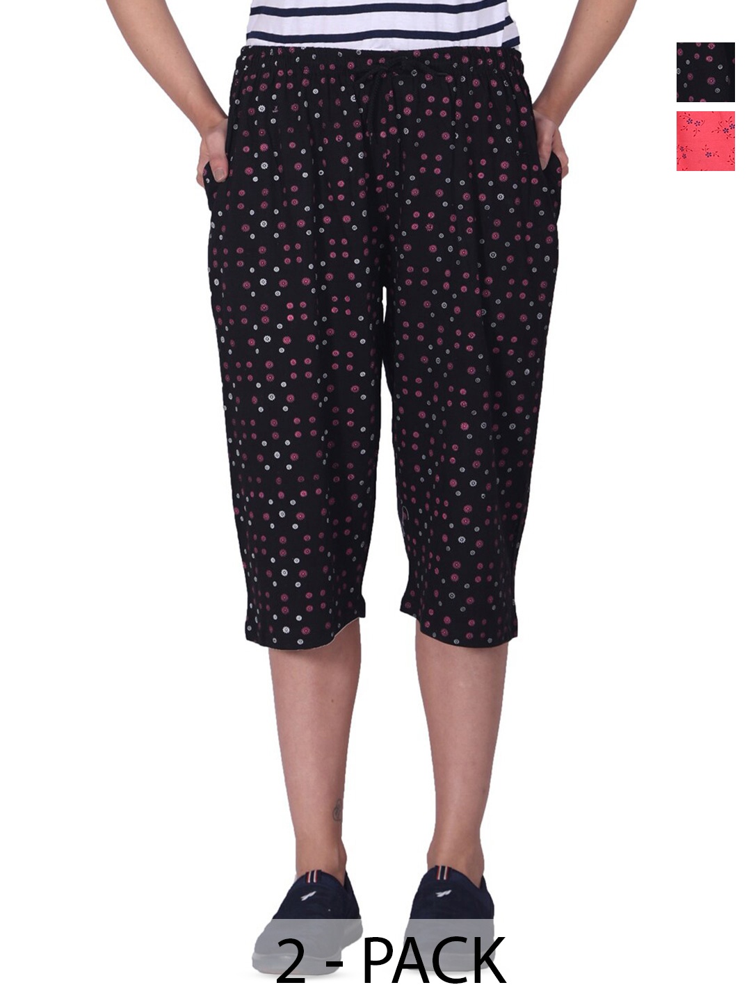 

BAESD Women Pack Of 2 Printed Pure Cotton Three-Fourth Lounge Pants, Red