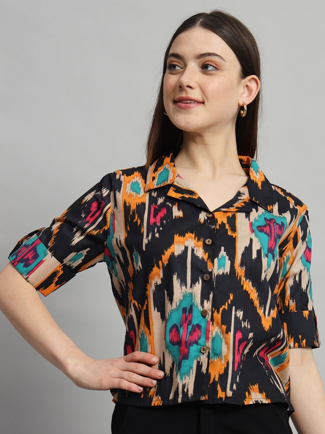 

HANDICRAFT PALACE Printed Cotton Shirt Style Crop Top, Black