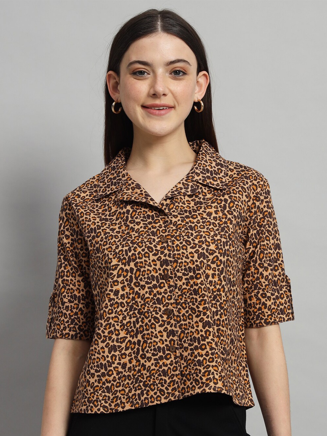 

HANDICRAFT PALACE Animal Printed Cotton Shirt Style Crop Top, Brown