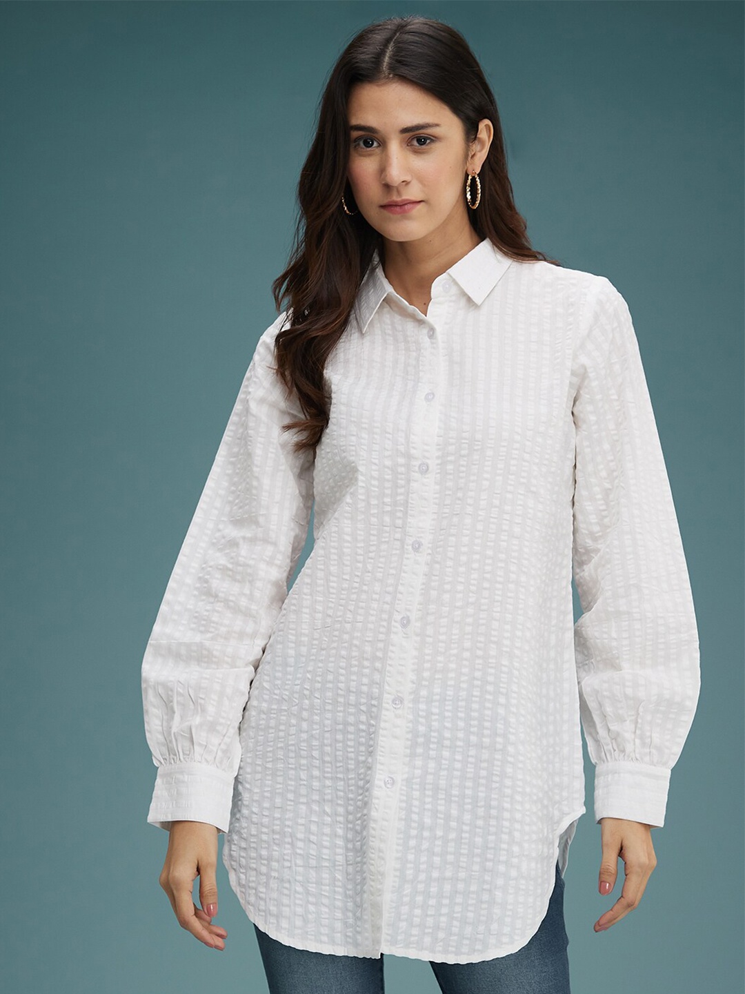 

DressBerry Spread Collar Long Puff Sleeves Original Checked Regular Fit Cotton Shirt, White