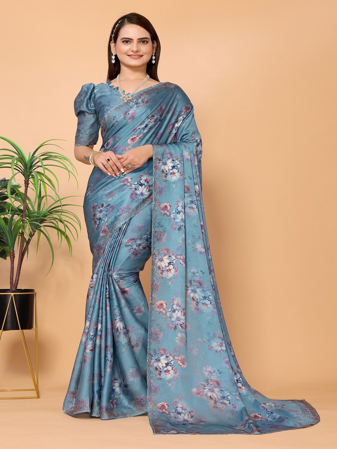 

ARYZE Floral Printed Beads and Stones Party Saree, Blue