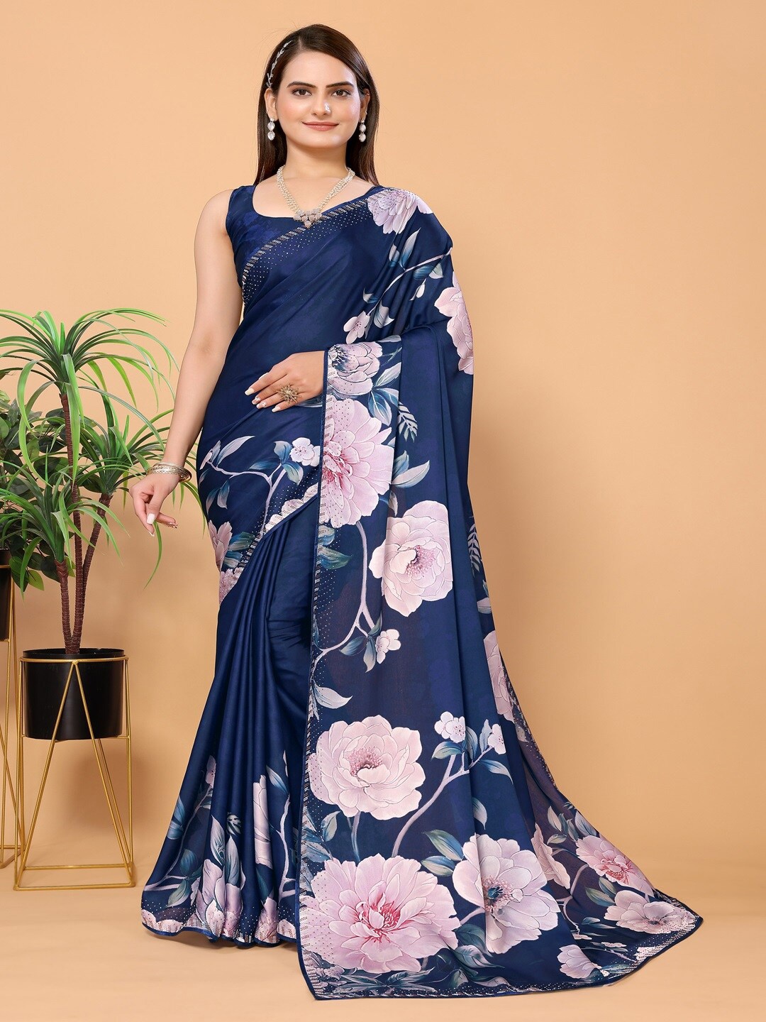 

ARYZE Floral Printed Beads and Stones Saree, Blue