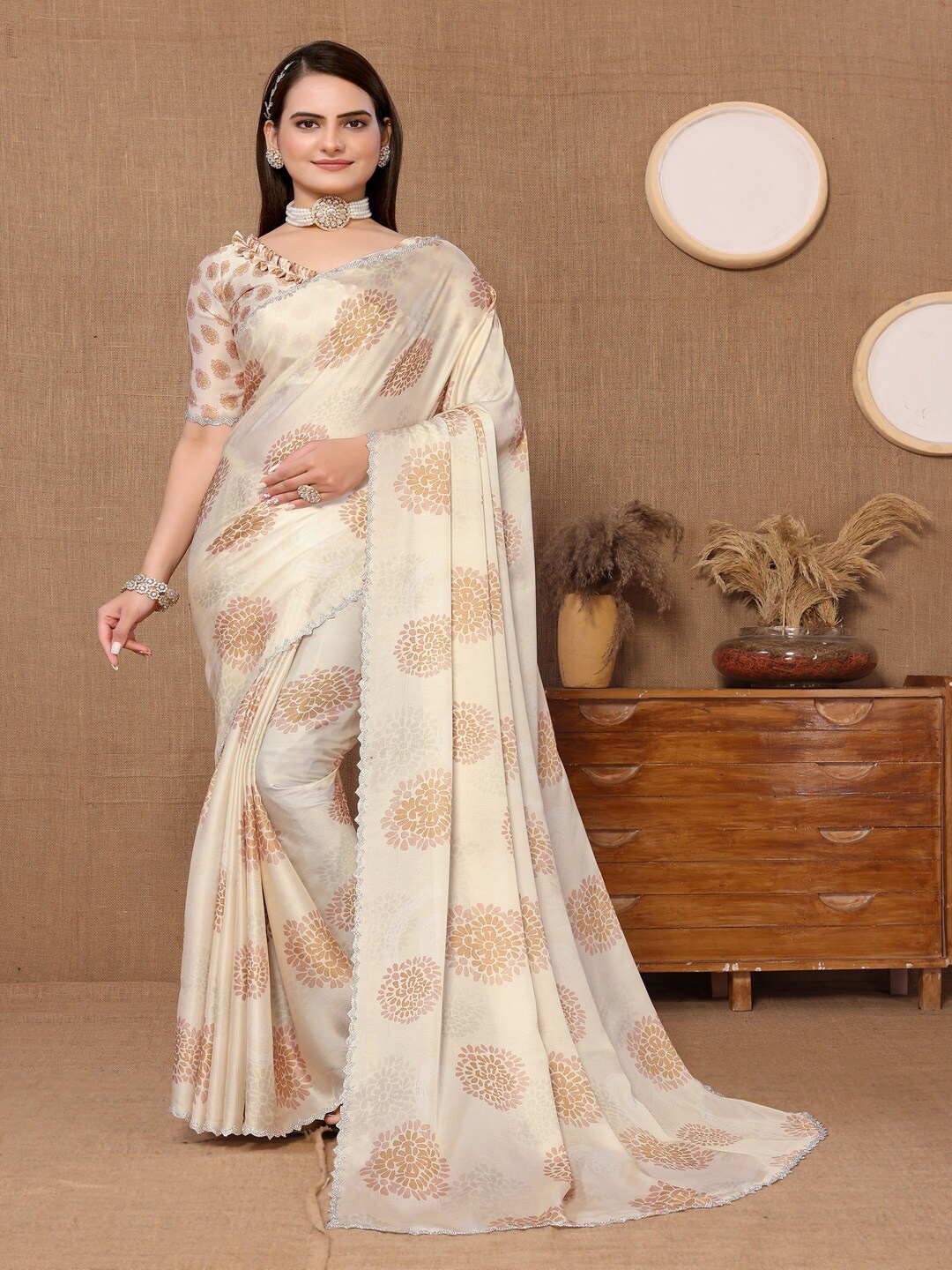 

ARYZE Floral Printed Beads and Stones Saree, Brown