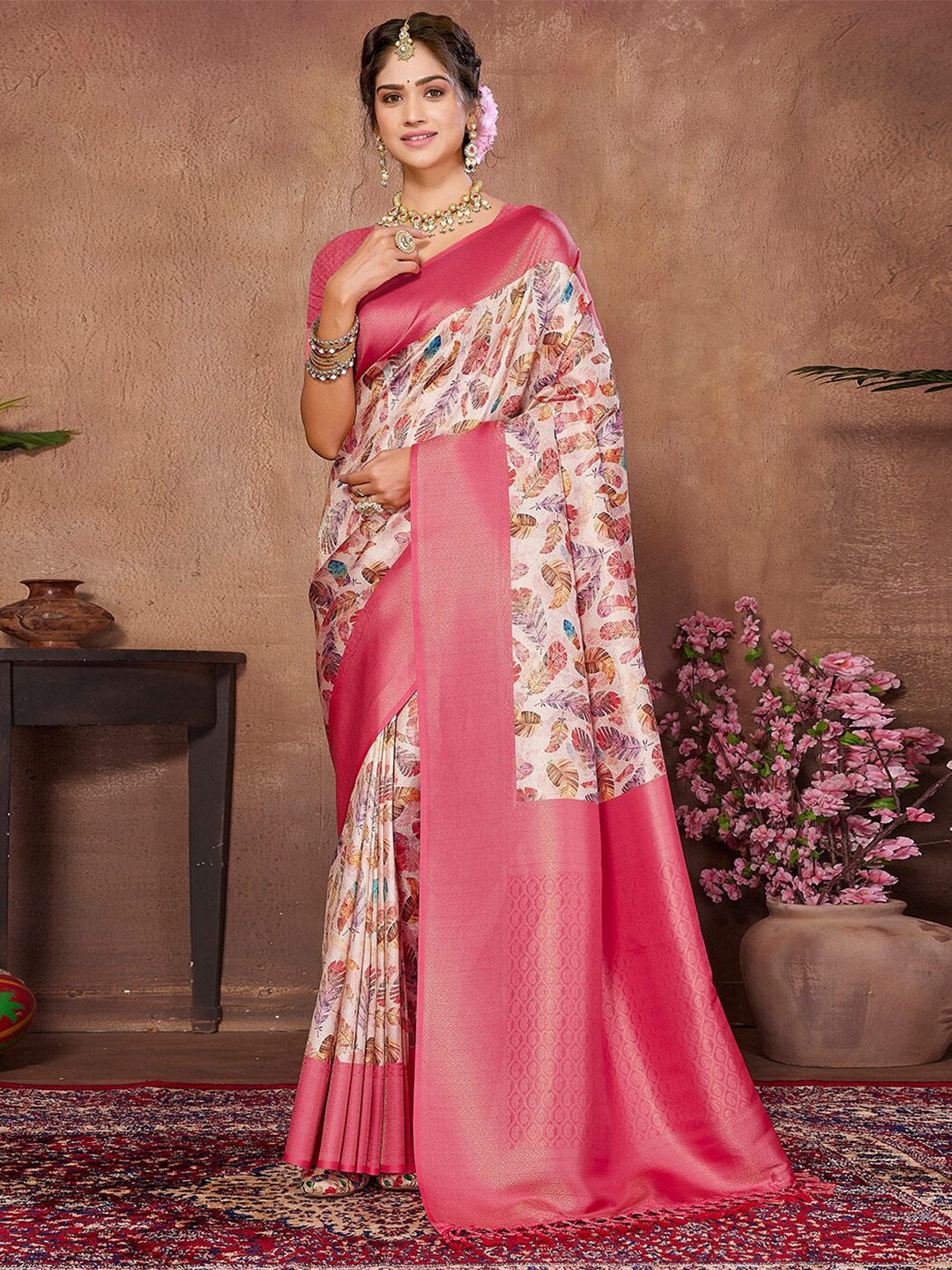 

SANSKAR Floral Printed Zari Silk Cotton Saree, Pink