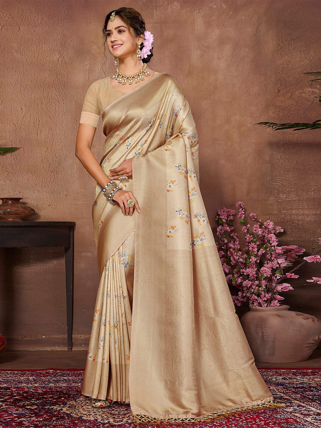 

SANSKAR Floral Printed Zari Silk Cotton Saree, Beige
