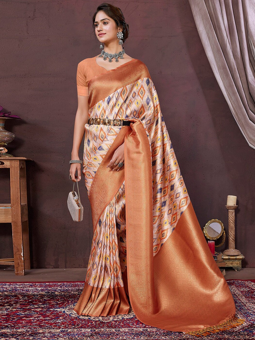

SANSKAR Ethnic Motifs Zari Silk Cotton Saree, Peach
