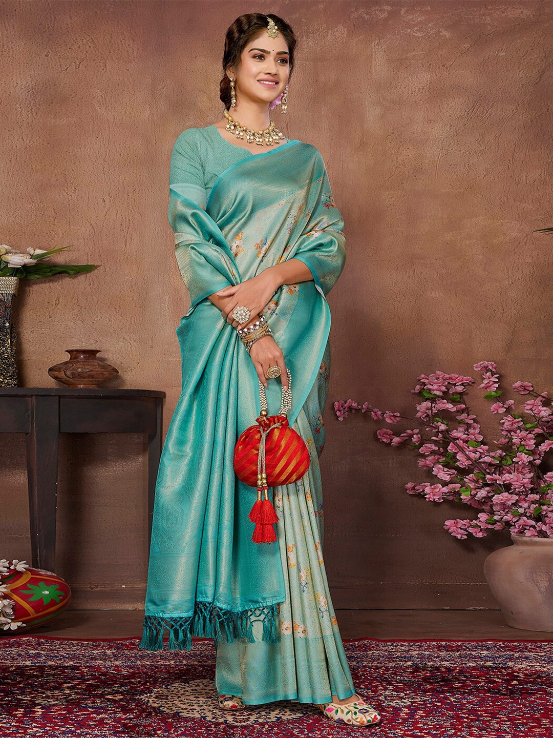 

SANSKAR Floral Printed Zari Silk Cotton Saree, Turquoise blue