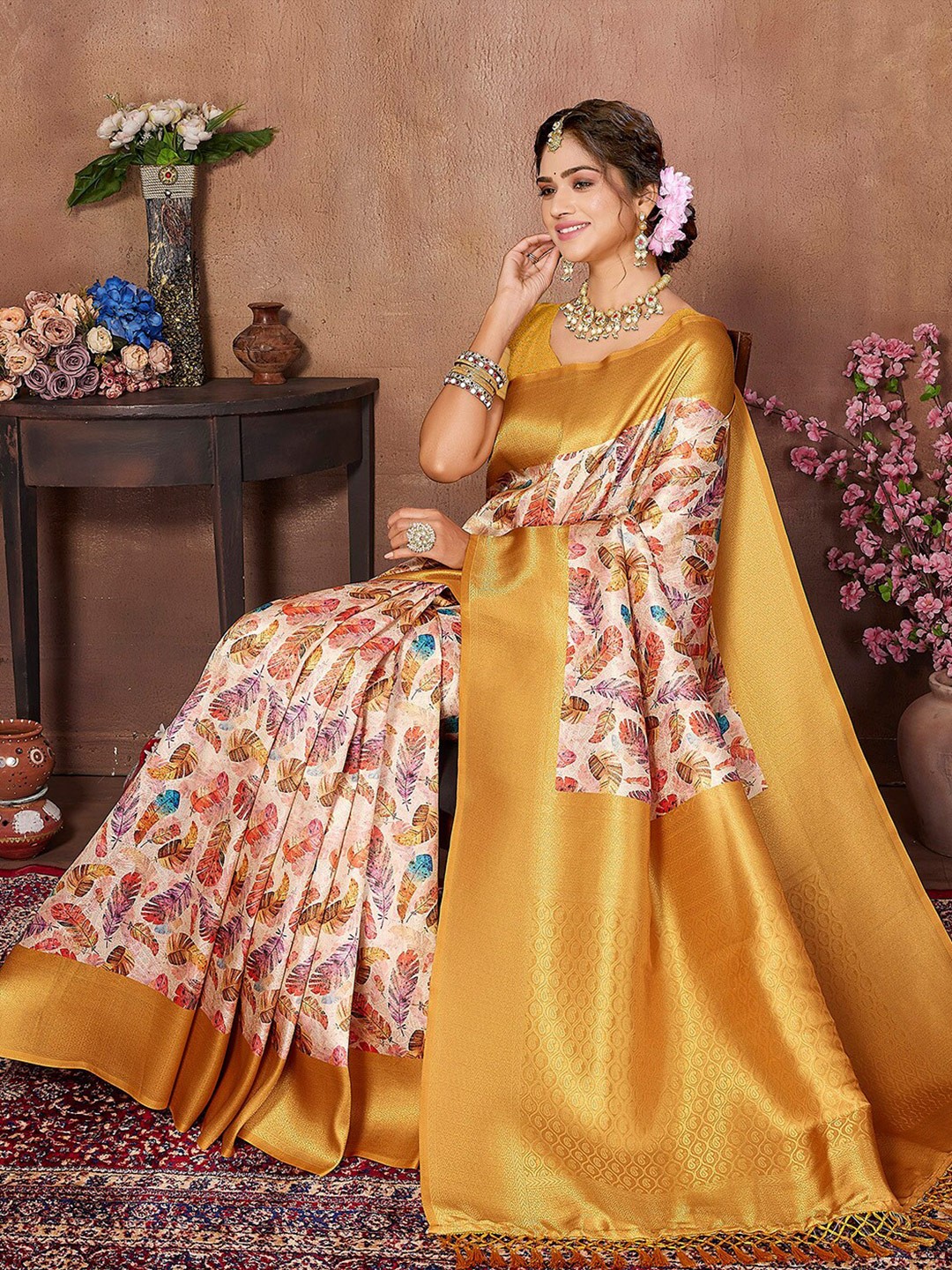 

SANSKAR Floral Printed Zari Silk Cotton Saree, Gold