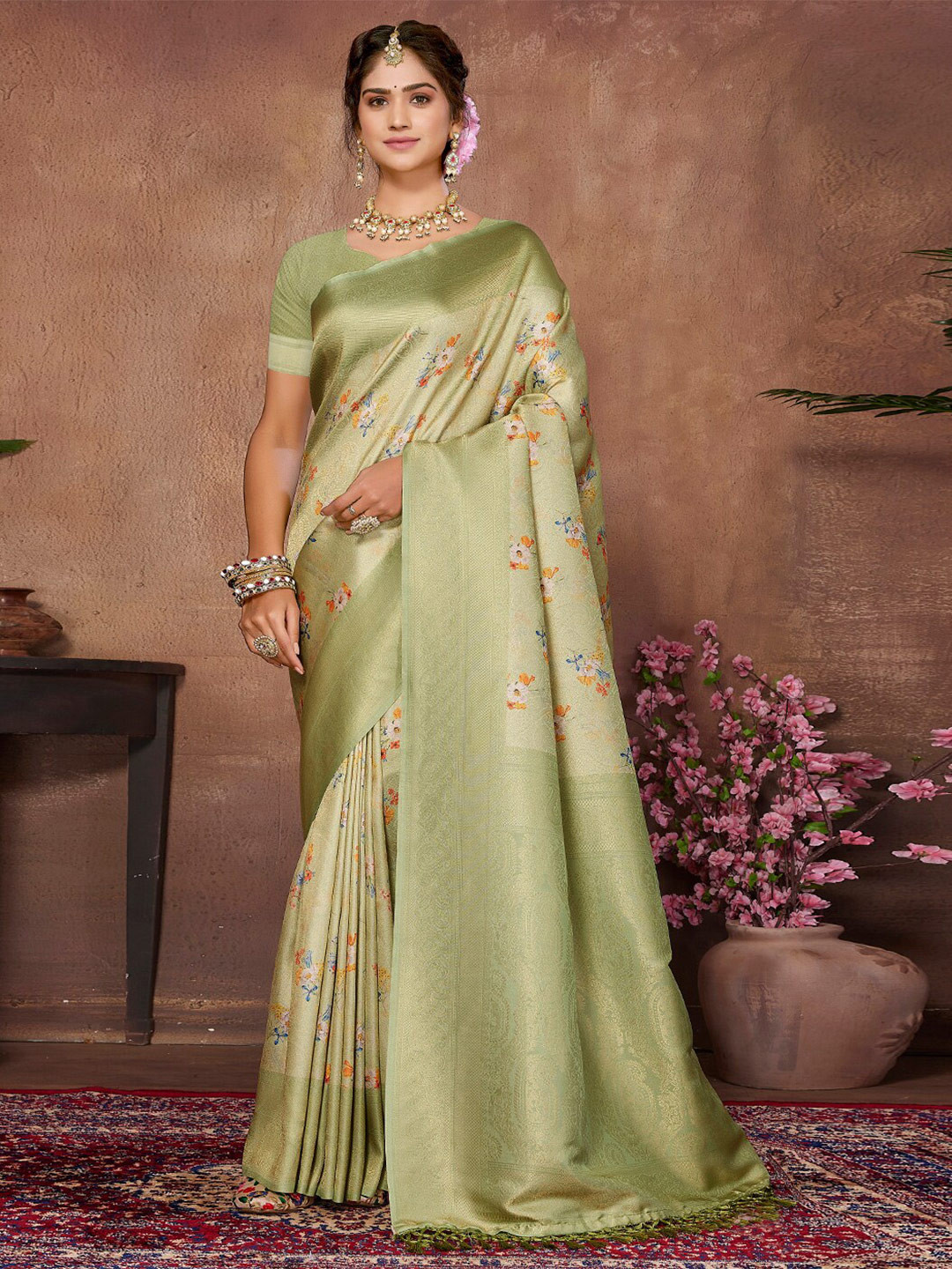 

SANSKAR Floral Zari Silk Cotton Saree, Green
