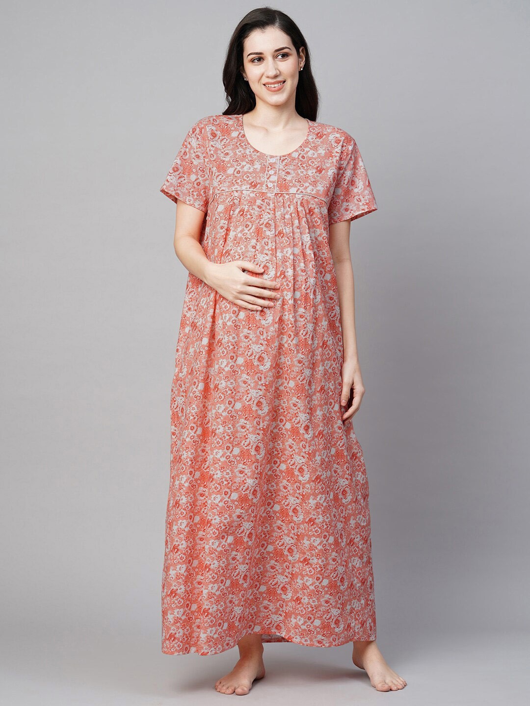 

MomToBe Floral Printed Pure Cotton Maternity Maxi Nightdress, Orange